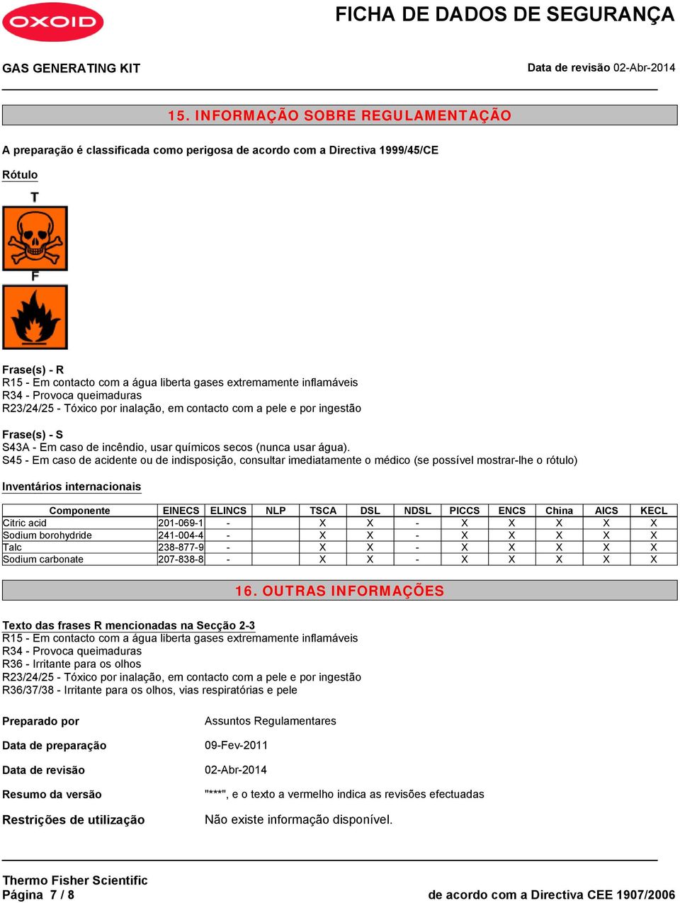 S45 - Em caso de acidente ou de indisposição, consultar imediatamente o médico (se possível mostrar-lhe o rótulo) Inventários internacionais Componente EINECS ELINCS NLP TSCA DSL NDSL PICCS ENCS