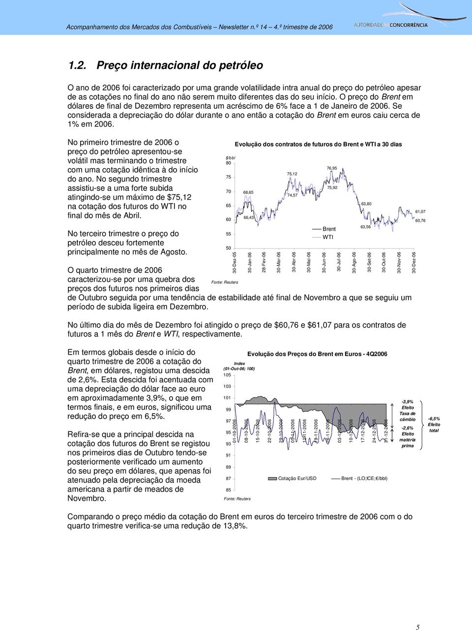 Se considerada a depreciação do dólar durante o ano então a cotação do Brent em euros caiu cerca de 1% em 2006.