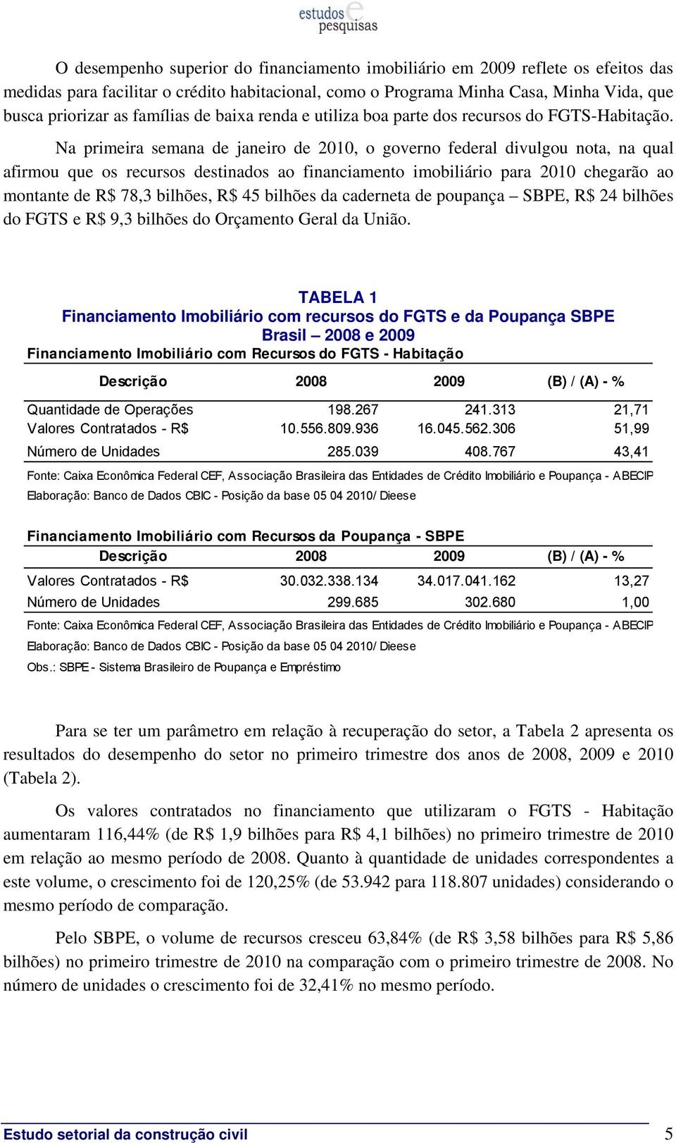 Na primeira semana de janeiro de 2010, o governo federal divulgou nota, na qual afirmou que os recursos destinados ao financiamento imobiliário para 2010 chegarão ao montante de R$ 78,3 bilhões, R$