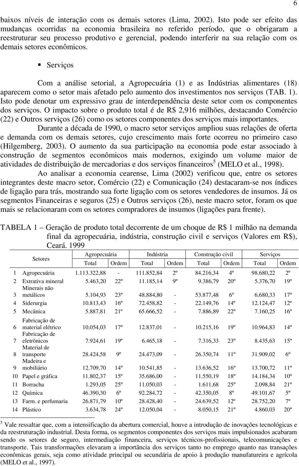 demais setores econômicos. Serviços Com a análise setorial, a Agropecuária (1) e as Indústrias alimentares (18) aparecem como o setor mais afetado pelo aumento dos investimentos nos serviços (TAB. 1).