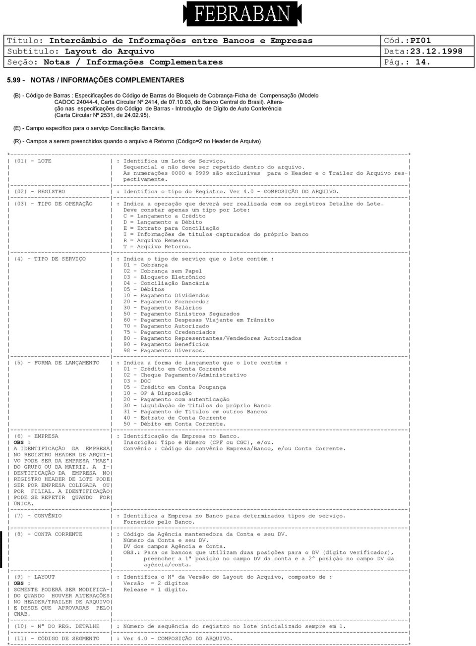 10.93, do Banco Central do Brasil). Alteração nas especificações do Código de Barras - Introdução de Dígito de Auto Conferência (Carta Circular Nº 2531, de 24.02.95).