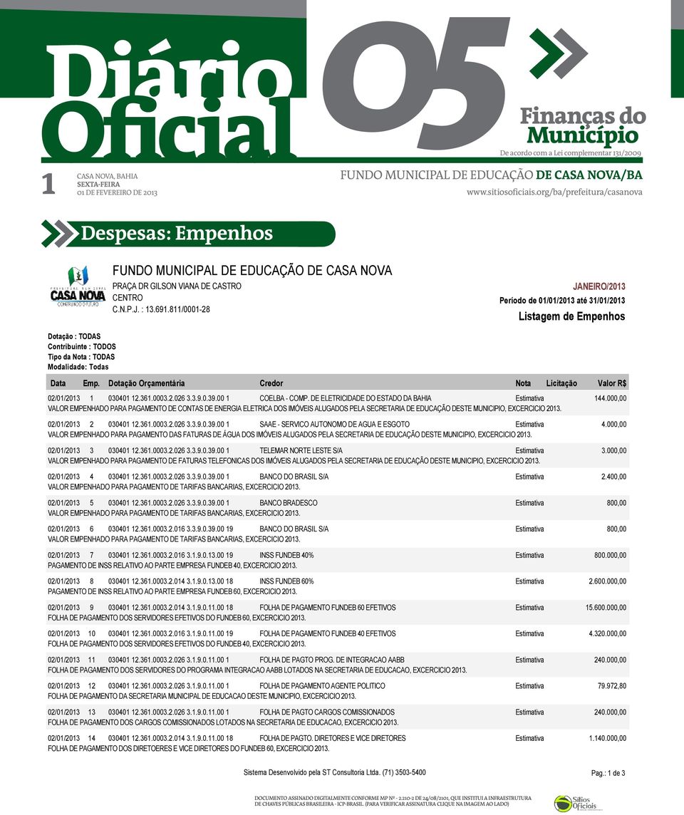 000,00 VALOR EMPENHADO PARA PAGAMENTO DE CONTAS DE ENERGIA ELETRICA DOS IMÓVEIS ALUGADOS PELA SECRETARIA DE EDUCAÇÃO DESTE MUNICIPIO, EXCERCICIO 2013. 02/01/2013 2 030401 12.361.0003.2.026 3.3.9.0.39.