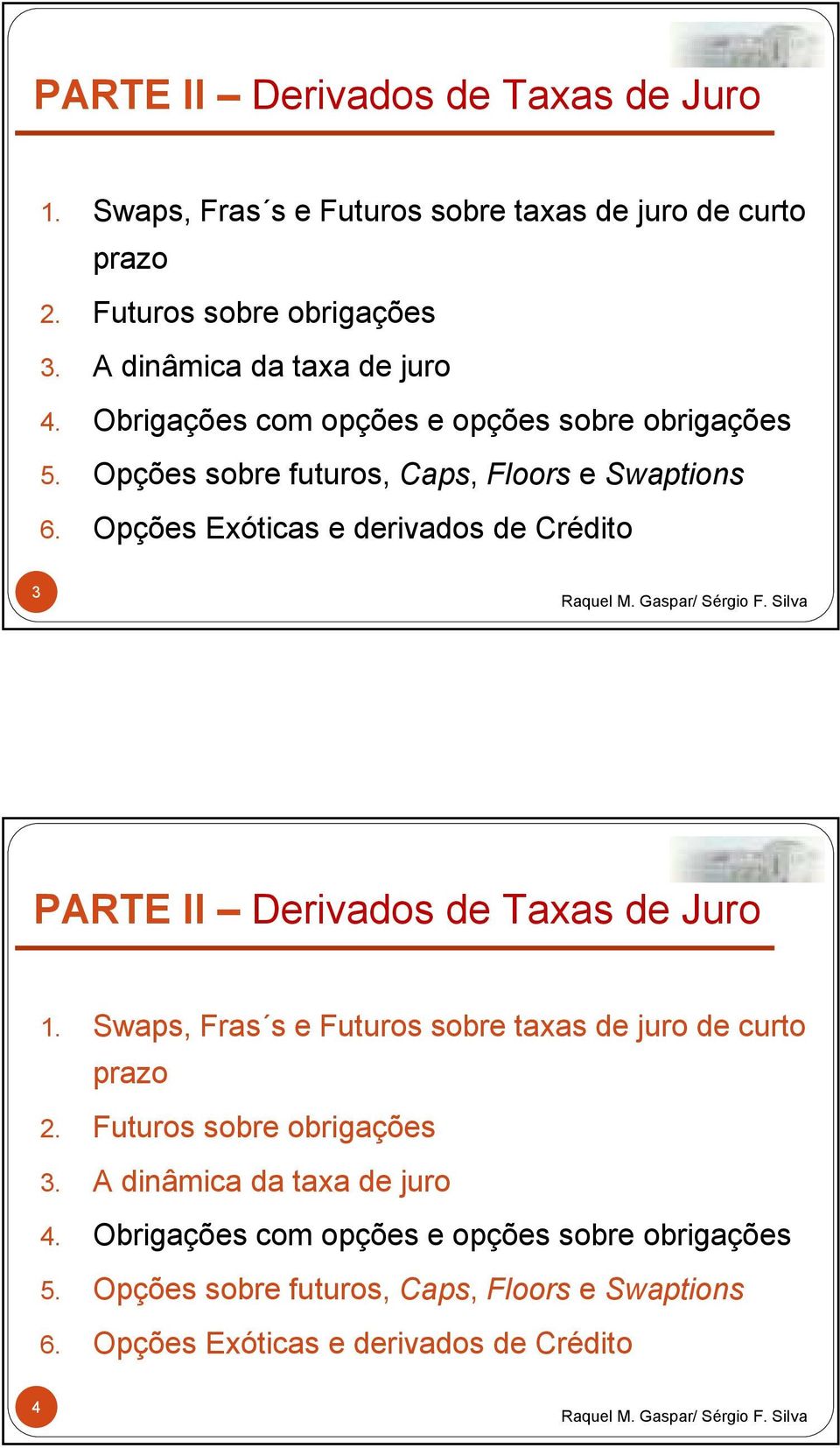 Gaspar/ Sérgio F. Silva  Obrigações com opções e opções sobre obrigações 5. Opções sobre futuros, Caps, Floors e Swaptions 6.