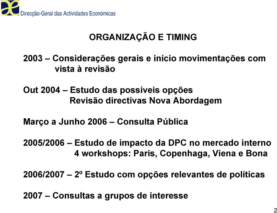 Pública 2005/2006 Estudo de impacto da DPC no mercado interno 4 workshops: Paris, Copenhaga,