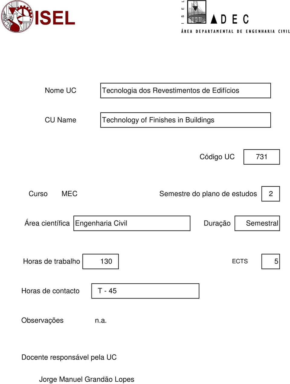 Civil Duração Semestral Horas de trabalho 130 ECTS 5 Horas de contacto T