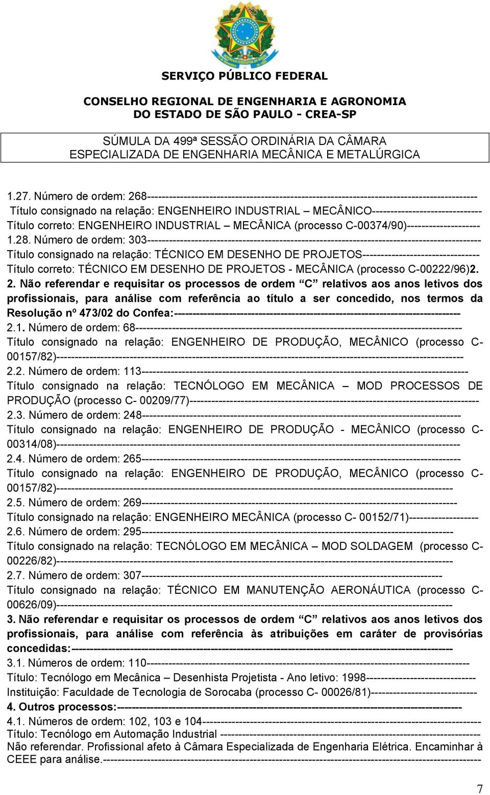 Número de ordem: 303------------------------------------------------------------------------------------------- Título consignado na relação: TÉCNICO EM DESENHO DE