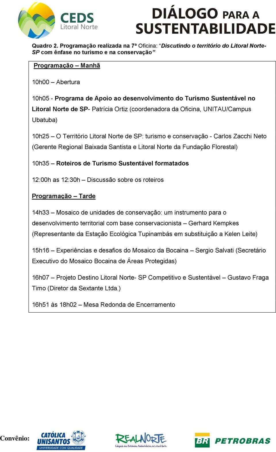 do Turismo Sustentável no Litoral Norte de SP- Patrícia Ortiz (coordenadora da Oficina, UNITAU/Campus Ubatuba) 10h25 O Território Litoral Norte de SP: turismo e conservação - Carlos Zacchi Neto