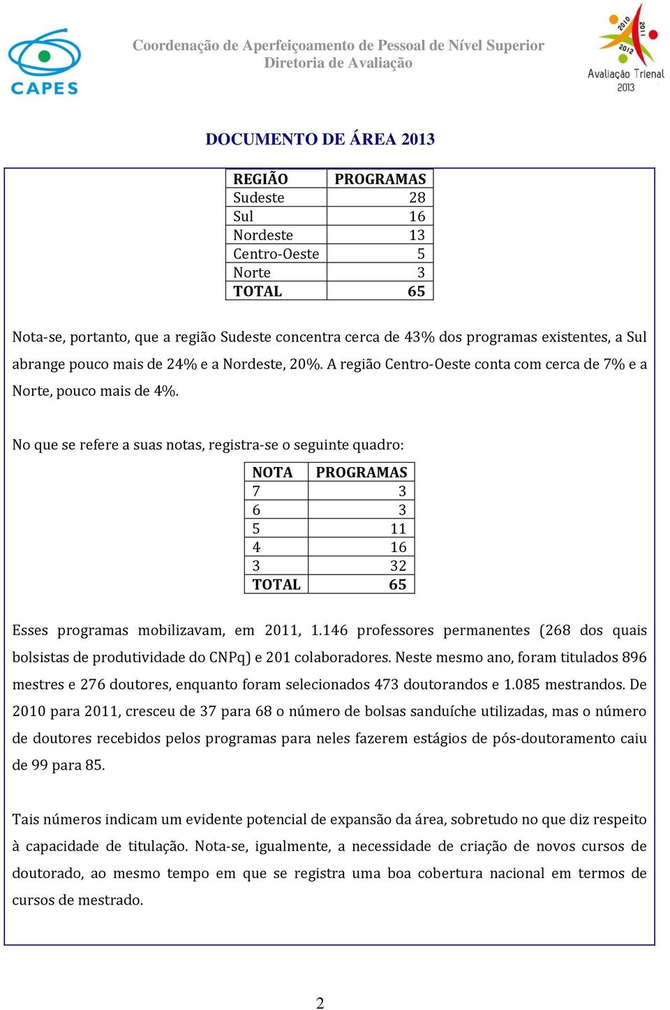 No que se refere a suas notas, registra-se o seguinte quadro: NOTA PROGRAMAS 7 3 6 3 5 11 4 16 3 32 TOTAL 65 Esses programas mobilizavam, em 2011, 1.