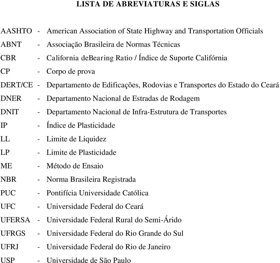 Nacional de Infra-Estrutura de Transportes IP - Índice de Plasticidade LL - Limite de Liquidez LP - Limite de Plasticidade ME - Método de Ensaio NBR - Norma Brasileira Registrada PUC - Pontifícia