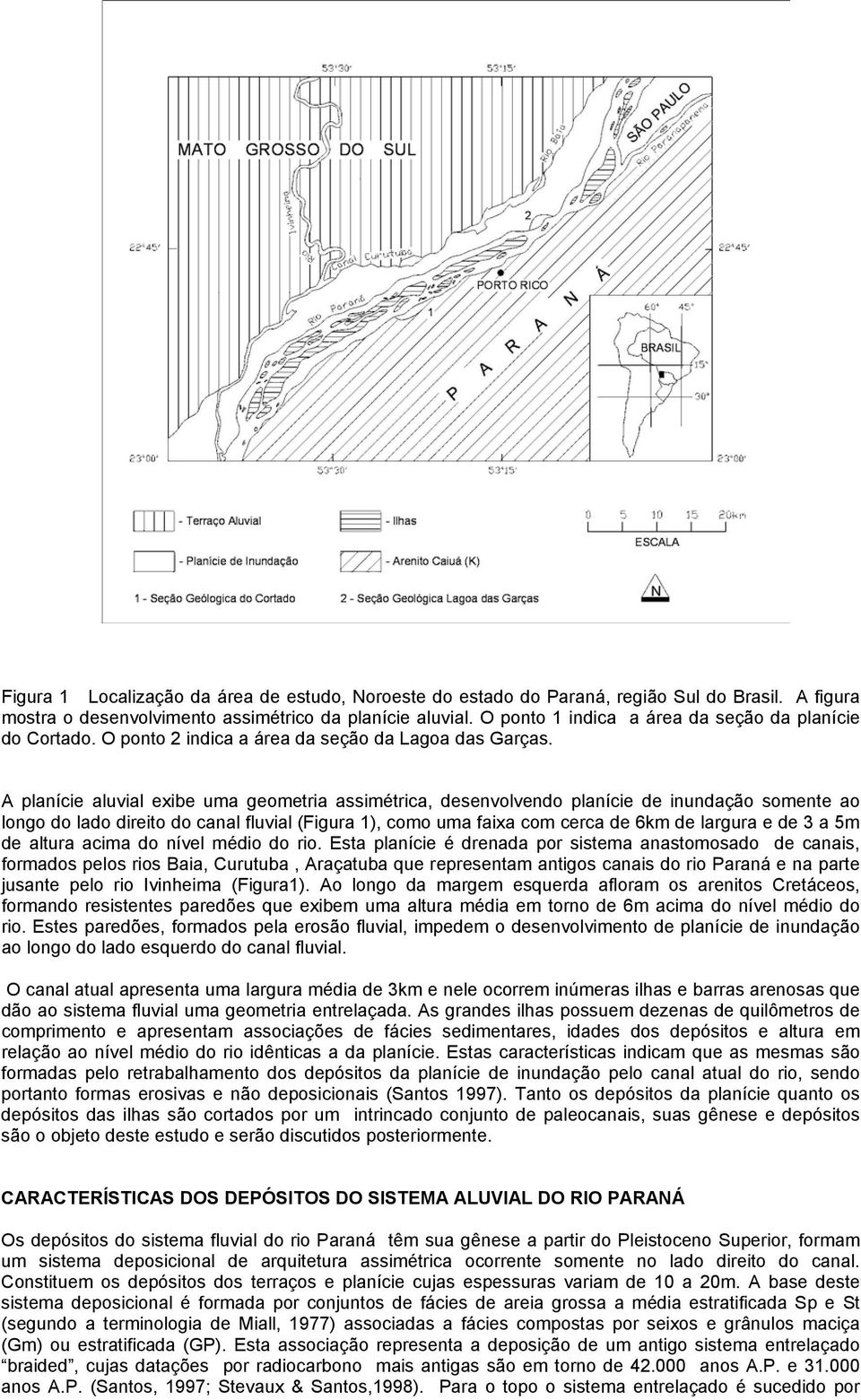 A planície aluvial exibe uma geometria assimétrica, desenvolvendo planície de inundação somente ao longo do lado direito do canal fluvial (Figura 1), como uma faixa com cerca de 6km de largura e de 3