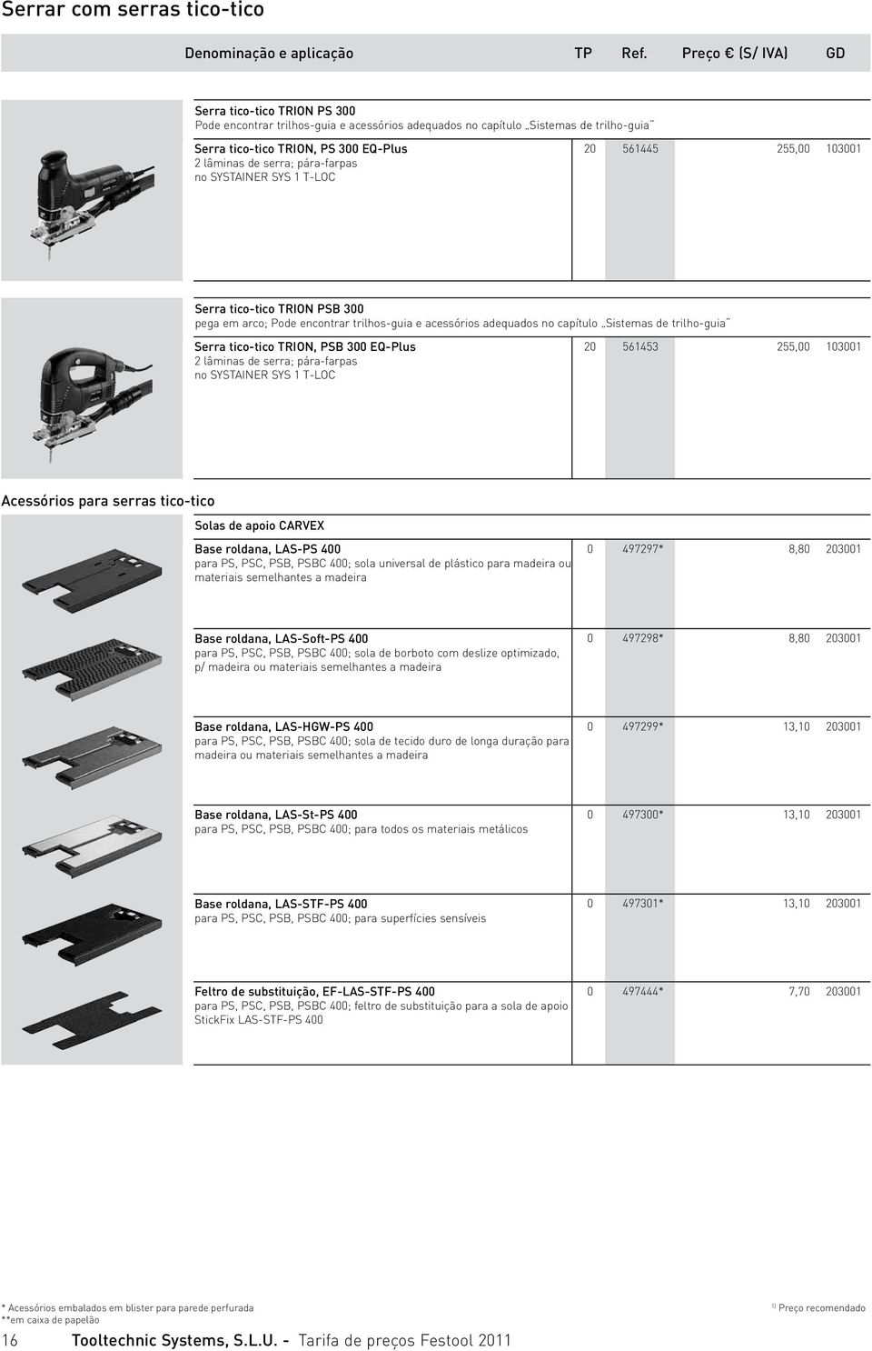 Serra tico-tico TRION, PSB 300 EQ-Plus 2 lâminas de serra; pára-farpas no SYSTAINER SYS 1 T-LOC 20 561453 255,00 103001 Acessórios para serras tico-tico Solas de apoio CARVEX Base roldana, LAS-PS 400