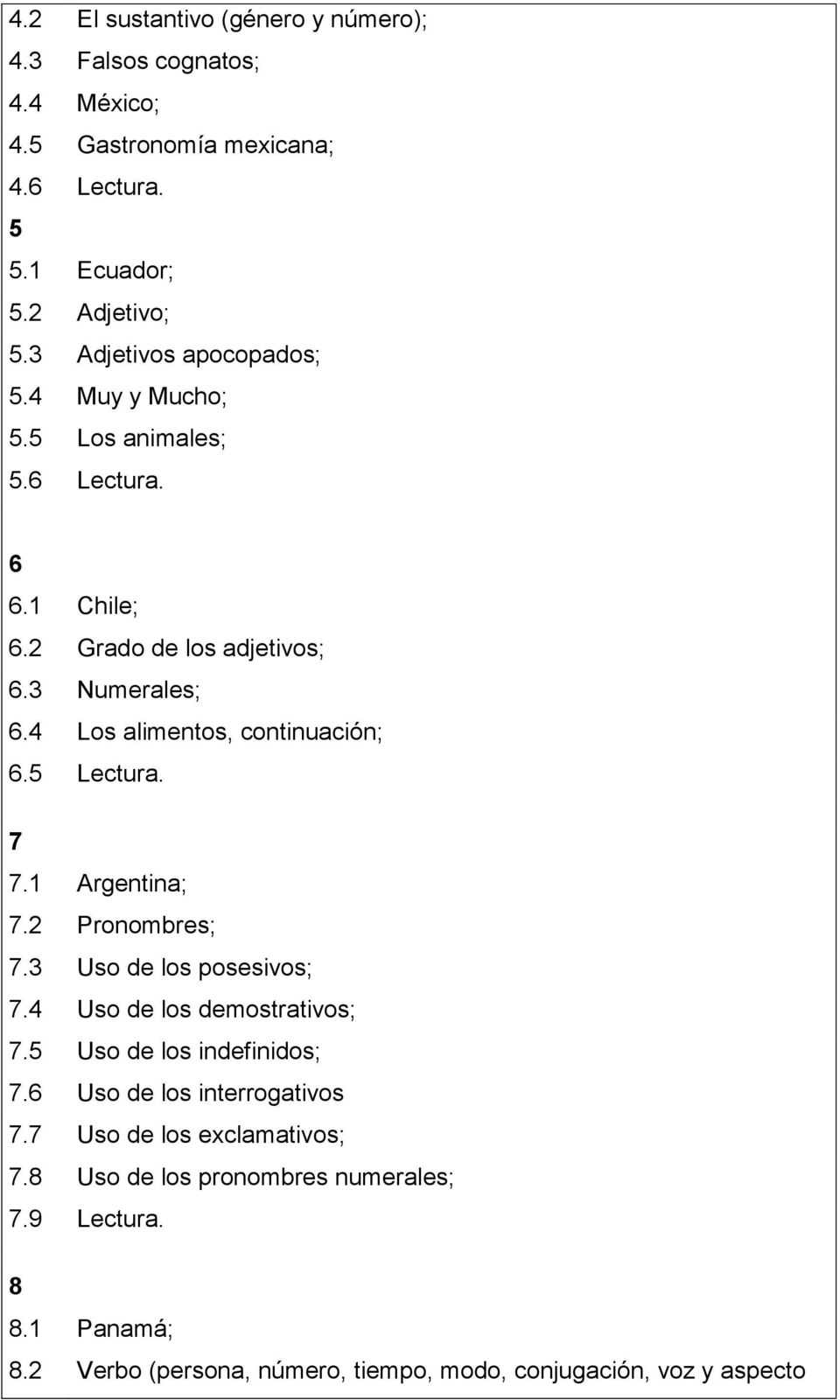 4 Los alimentos, continuación; 6.5 Lectura. 7 7.1 Argentina; 7.2 Pronombres; 7.3 Uso de los posesivos; 7.4 Uso de los demostrativos; 7.