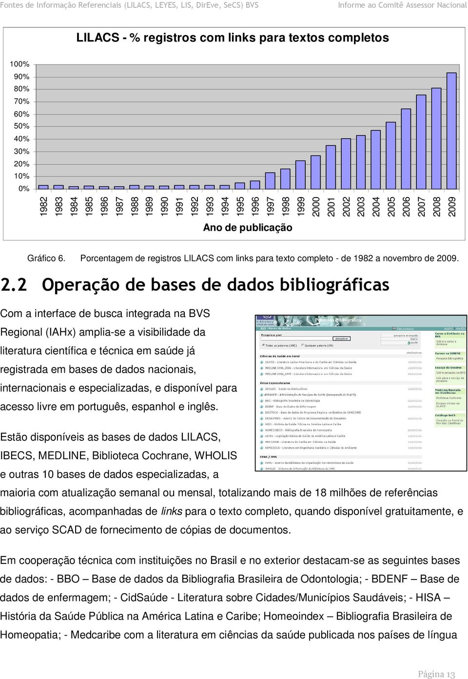 03 2004 2005 2006 2007 2008 2009 Ano de publicação Gráfico 6. Porcentagem de registros LILACS com links para texto completo - de 1982 a novembro de 2009. 2.2 Operação de bases de dados bibliográficas