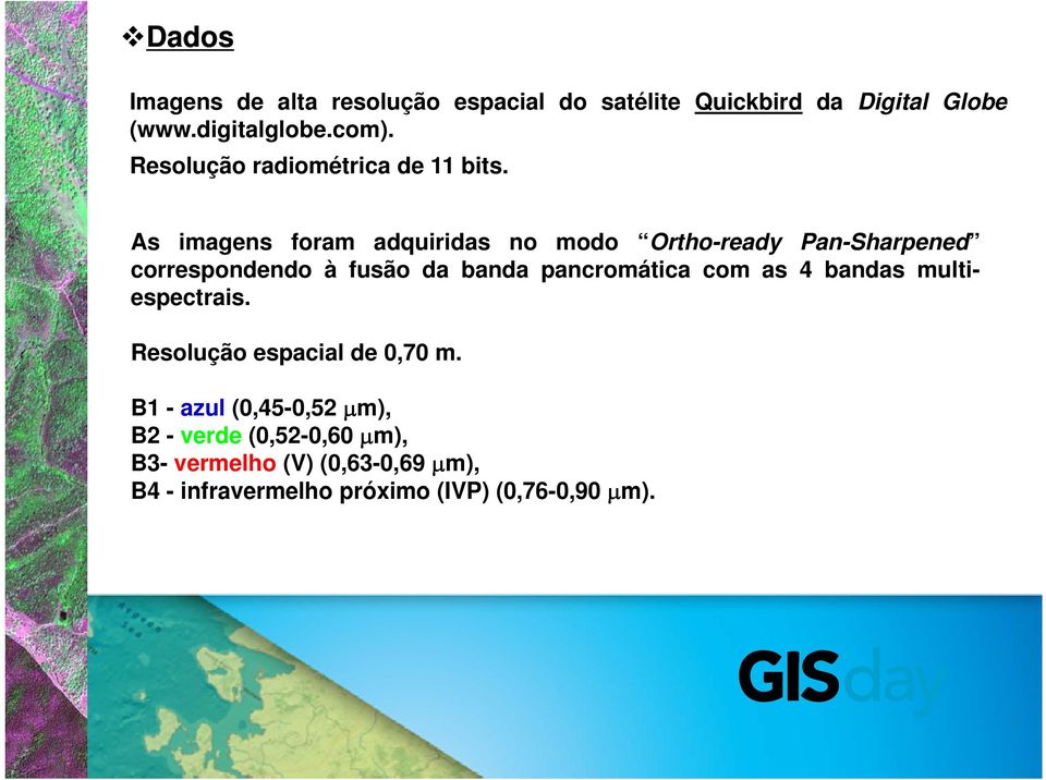 As imagens foram adquiridas no modo Ortho-ready Pan-Sharpened correspondendo à fusão da banda pancromática com