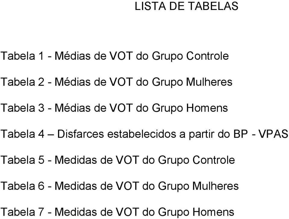 estabelecidos a partir do BP - VPAS Tabela 5 - Medidas de VOT do Grupo Controle