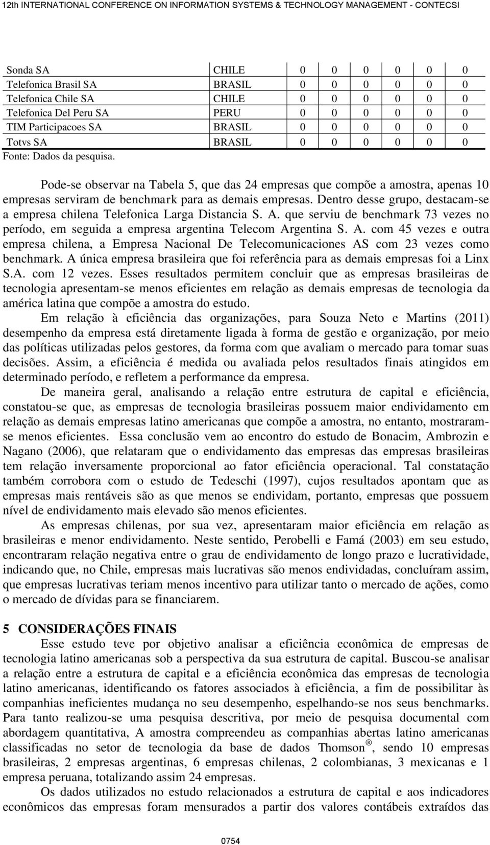 Dentro desse grupo, destacam-se a empresa chilena Telefonica Larga Distancia S. A. que serviu de benchmark 73 vezes no período, em seguida a empresa argentina Telecom Argentina S. A. com 45 vezes e outra empresa chilena, a Empresa Nacional De Telecomunicaciones AS com 23 vezes como benchmark.