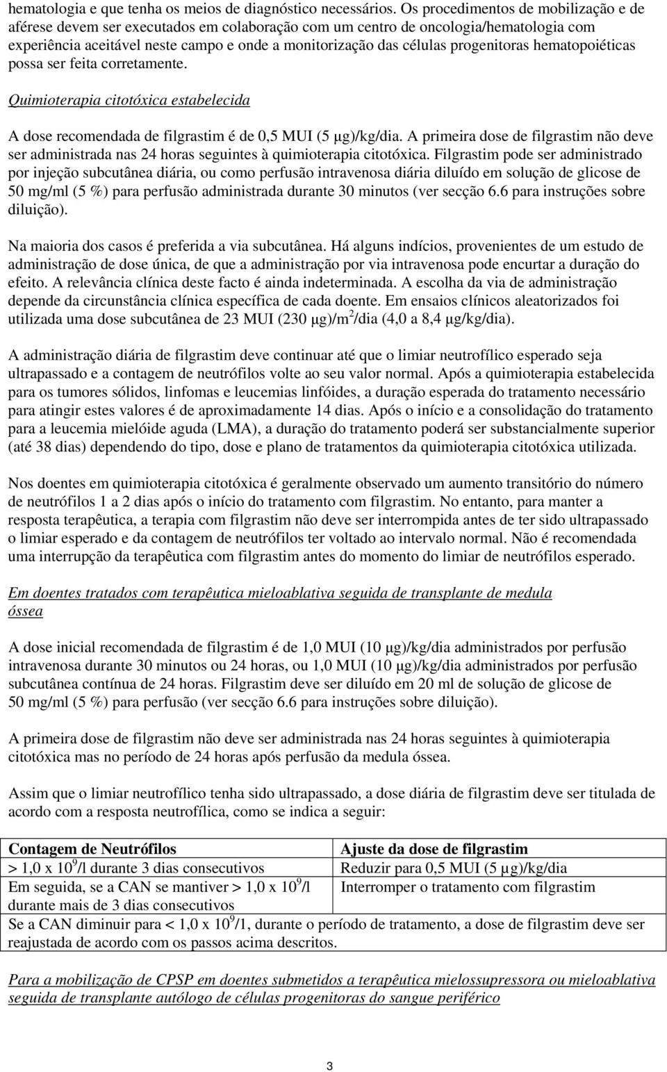 progenitoras hematopoiéticas possa ser feita corretamente. Quimioterapia citotóxica estabelecida A dose recomendada de filgrastim é de 0,5 MUI (5 μg)/kg/dia.