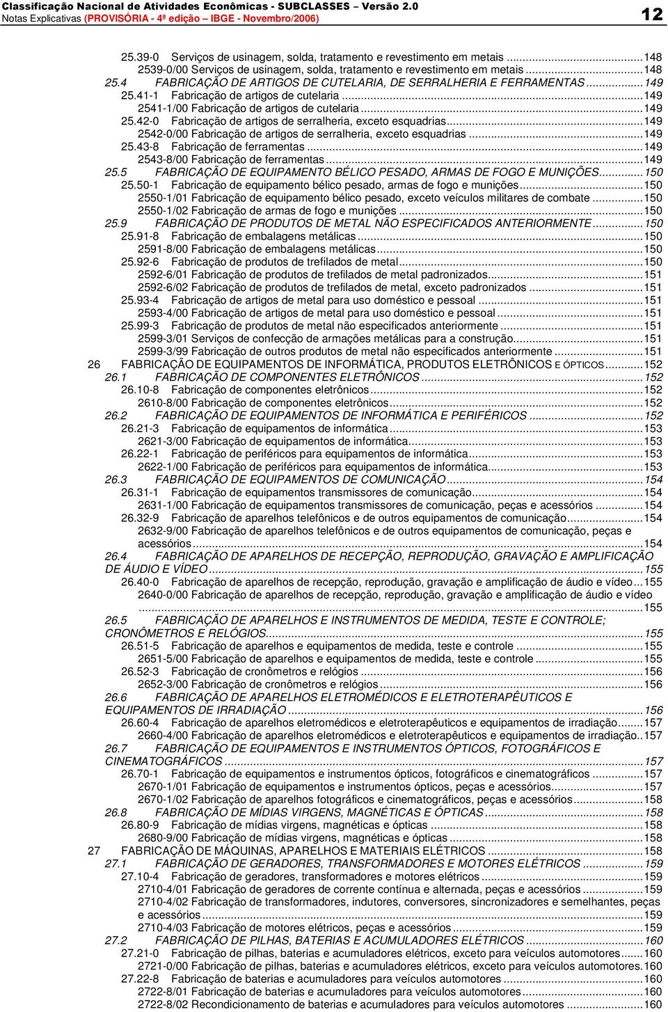 ..149 2542-0/00 Fabricação de artigos de serralheria, exceto esquadrias...149 25.43-8 Fabricação de ferramentas...149 2543-8/00 Fabricação de ferramentas...149 25.5 FABRICAÇÃO DE EQUIPAMENTO BÉLICO PESADO, ARMAS DE FOGO E MUNIÇÕES.