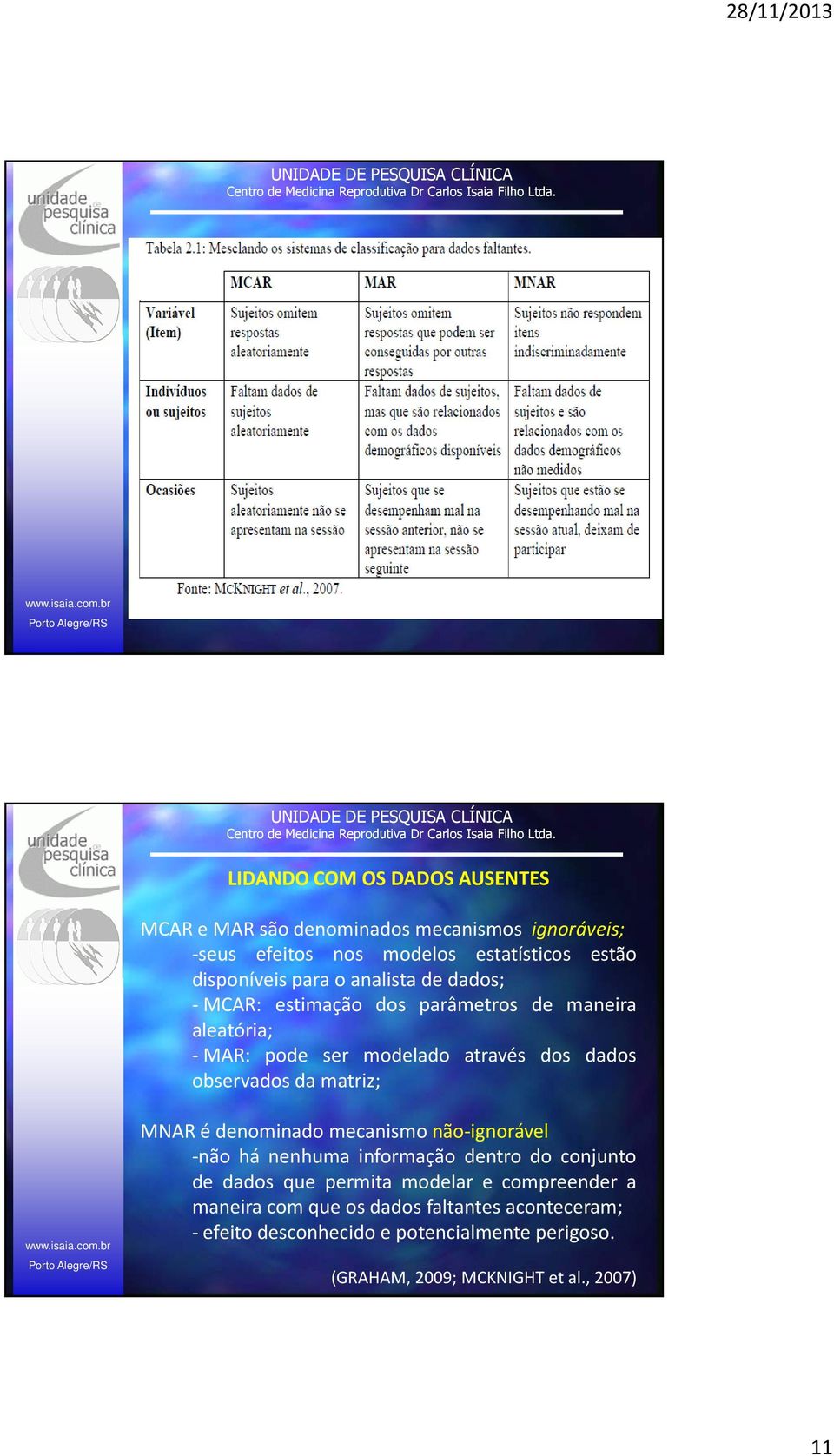 matriz; MNAR é denominado mecanismo não-ignorável -não há nenhuma informação dentro do conjunto de dados que permita modelar e