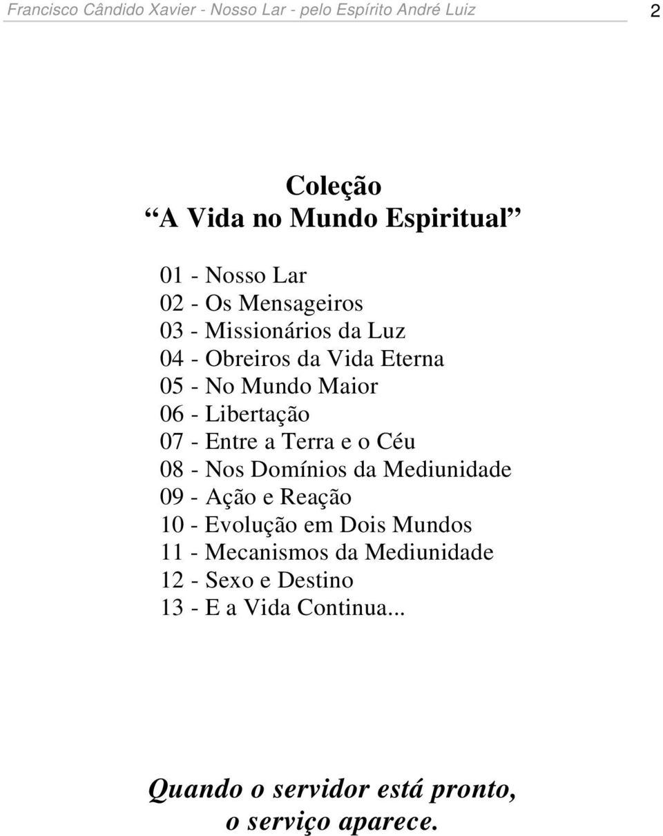 07 - Entre a Terra e o Céu 08 - Nos Domínios da Mediunidade 09 - Ação e Reação 10 - Evolução em Dois Mundos 11 -