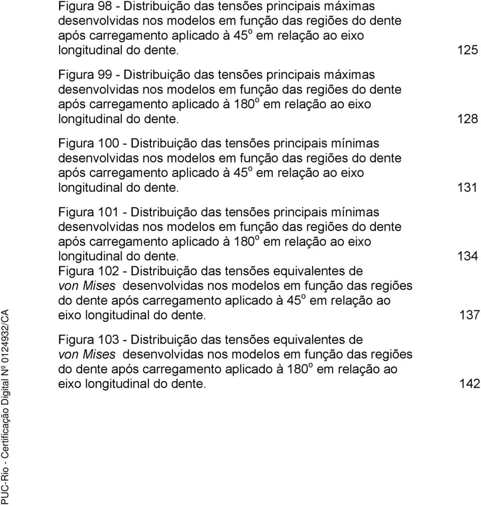 128 Figura 100 - Distribuição das tensões principais mínimas desenvolvidas nos modelos em função das regiões do dente após carregamento aplicado à 45 o em relação ao eixo longitudinal do dente.