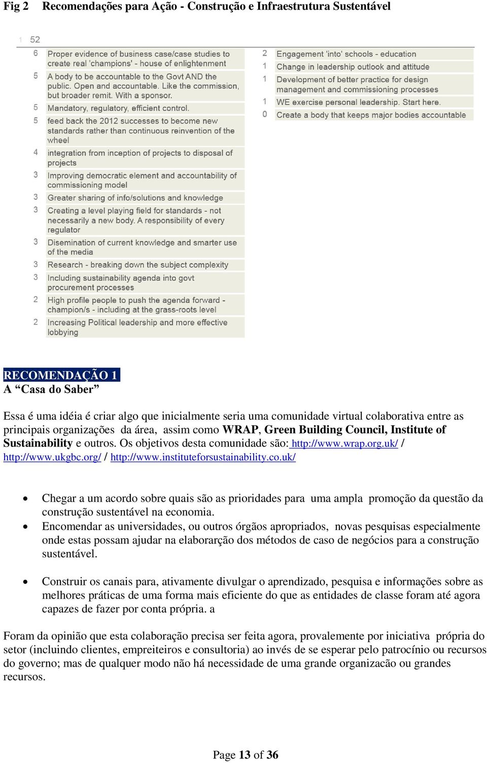 org/ / http://www.instituteforsustainability.co.uk/ Chegar a um acordo sobre quais são as prioridades para uma ampla promoção da questão da construção sustentável na economia.