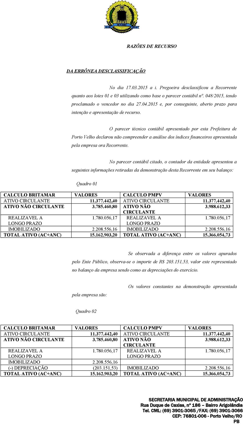 O parecer técnico contábil apresentado por esta Prefeitura de Porto Velho declarou não compreender a análise dos índices financeiros apresentada pela empresa ora Recorrente.