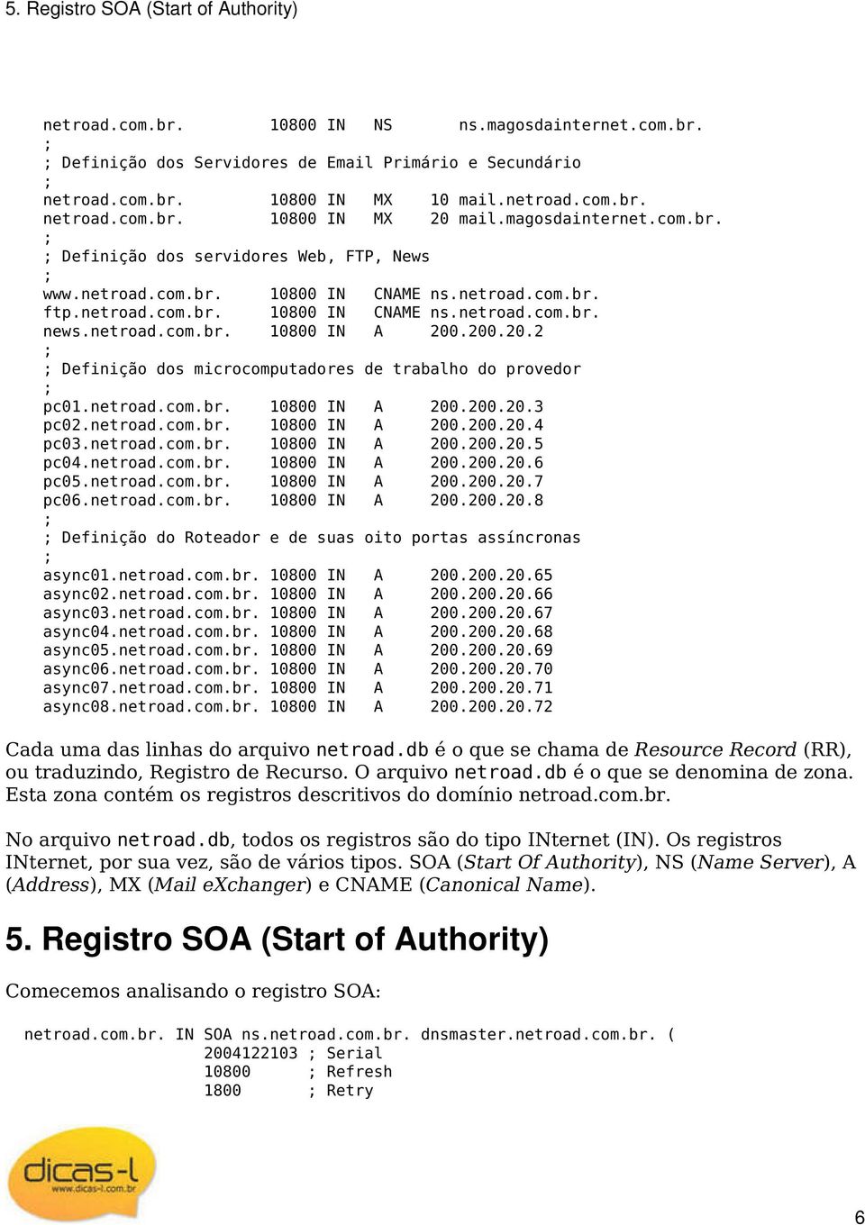 200.20.2 Definição dos microcomputadores de trabalho do provedor pc01.netroad.com.br. 10800 IN A 200.200.20.3 pc02.netroad.com.br. 10800 IN A 200.200.20.4 pc03.netroad.com.br. 10800 IN A 200.200.20.5 pc04.