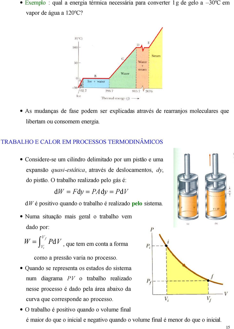 RABALHO E CALOR EM PROCESSOS ERMODINÂMICOS Considere-se um cilindro delimitado por um pistão e uma expansão quasi-estática, através de deslocamentos, dy, do pistão.