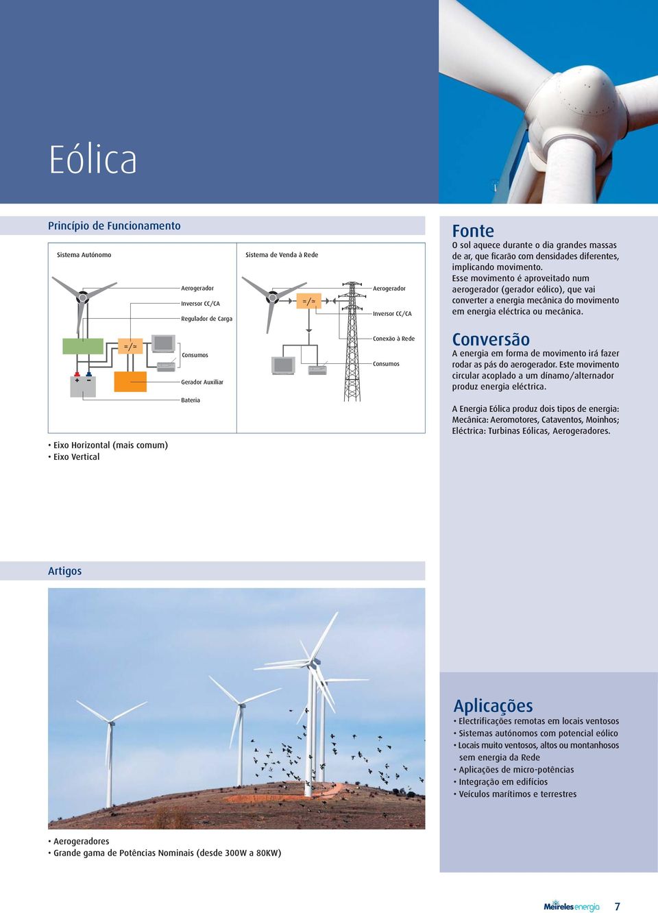 Esse movimento é aproveitado num aerogerador (gerador eólico), que vai converter a energia mecânica do movimento em energia eléctrica ou mecânica.