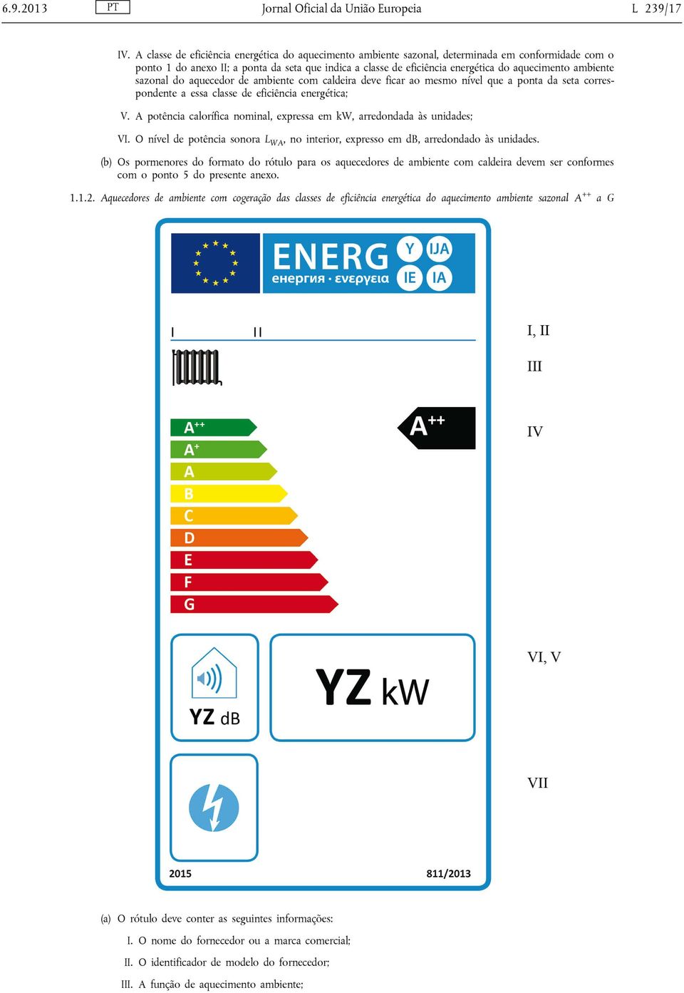 ambiente sazonal do aquecedor de ambiente com caldeira deve ficar ao mesmo nível que a ponta da seta correspondente a essa classe de eficiência energética; V.