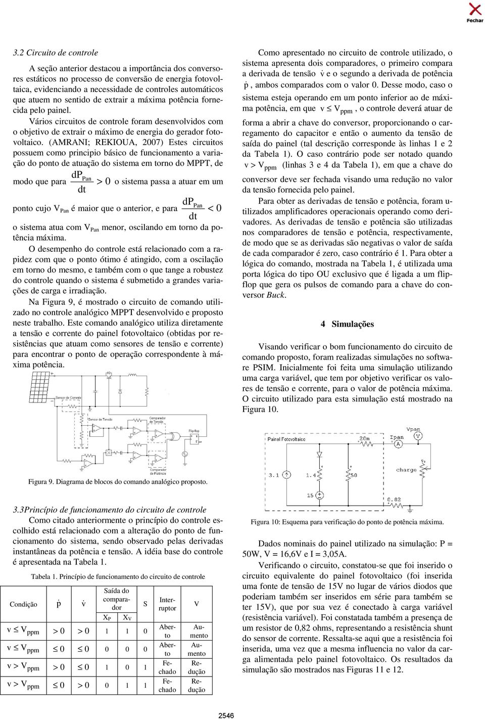 (AMRANI; REKIOUA, 2007) Estes circuitos possuem como principio básico de funcionamento a variação do ponto de atuação do sistema em torno do MPPT, de dp Pan > o sistema passa a atuar em um modo que