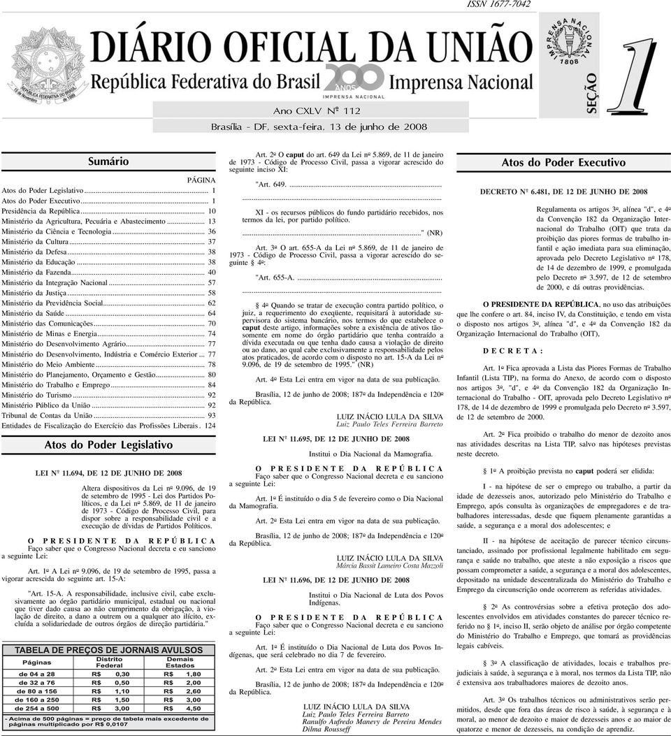 .. 38 Ministério da Educação... 38 Ministério da Fazenda... 40 Ministério da Integração Nacional... 57 Ministério da Justiça... 58 Ministério da Previdência Social... 62 Ministério da Saúde.