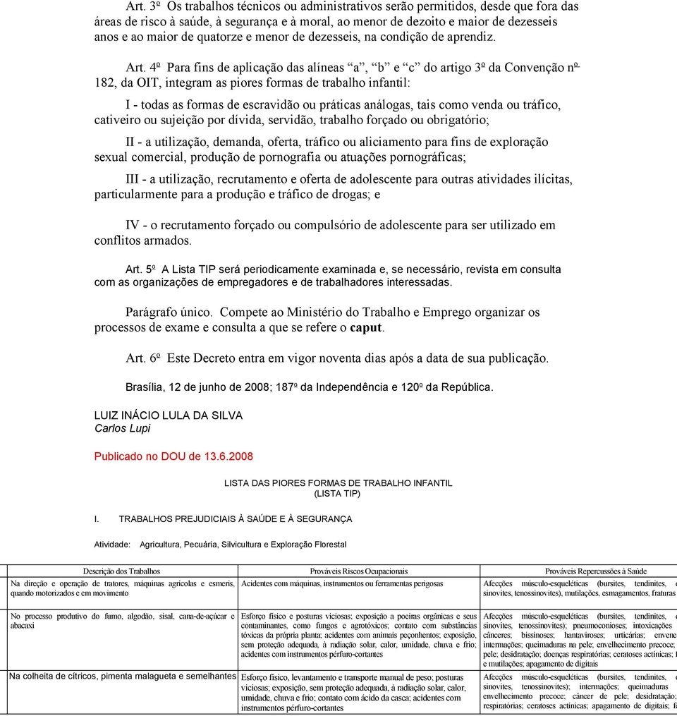 4 o Para fins de aplicação das alíneas a, b e c do artigo 3 o da Convenção n o 182, da OIT, integram as piores formas de trabalho infantil: I - todas as formas de escravidão ou práticas análogas,