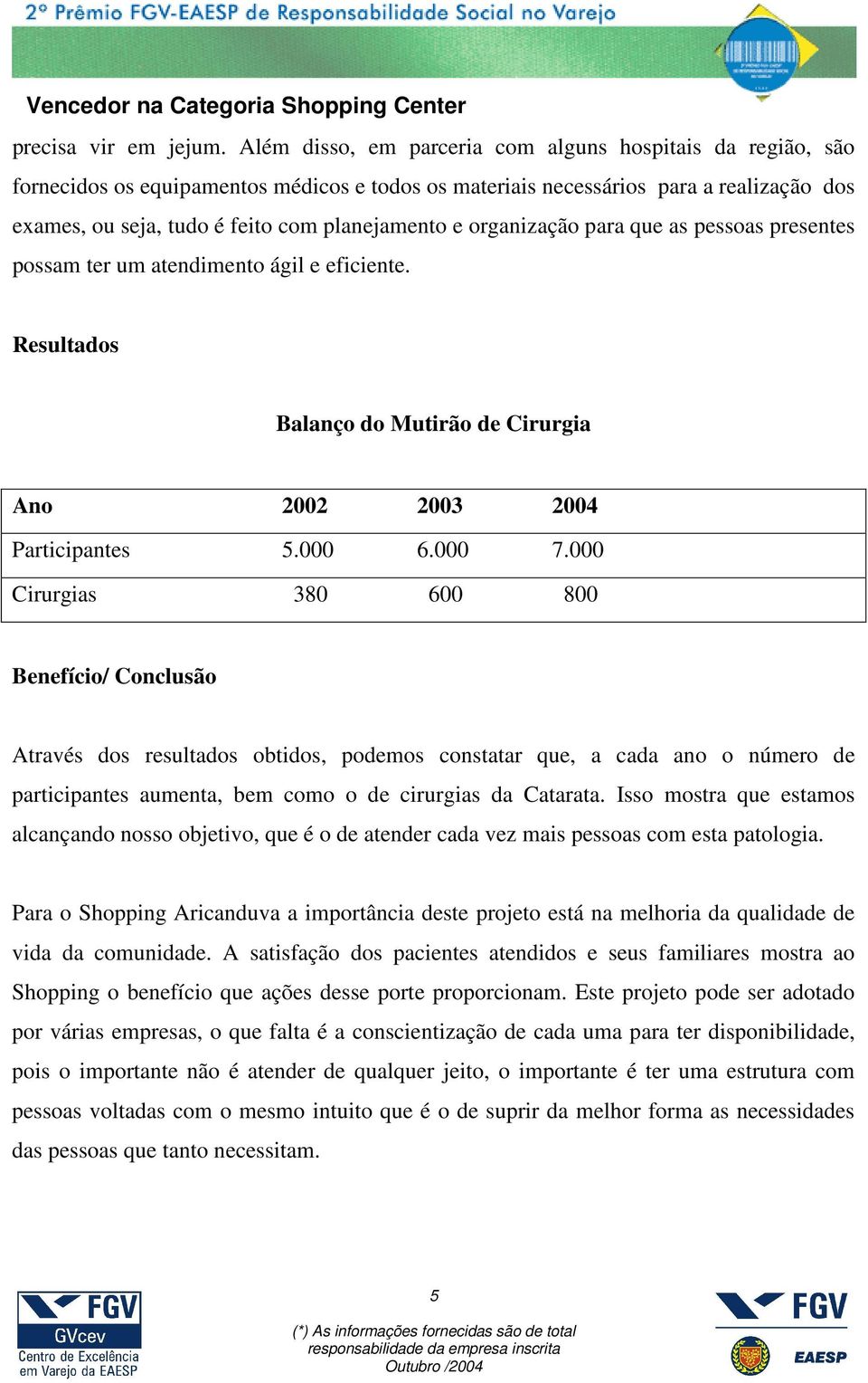 organização para que as pessoas presentes possam ter um atendimento ágil e eficiente. Resultados Balanço do Mutirão de Cirurgia Ano 2002 2003 2004 Participantes 5.000 6.000 7.