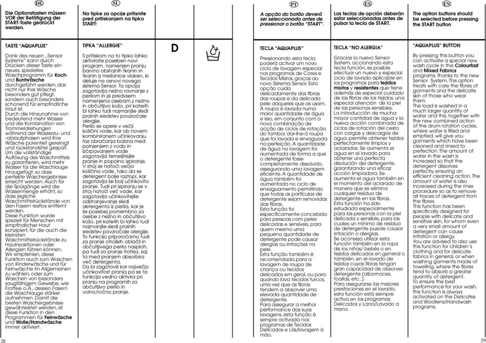 The option buttons should be selected before pressing the START button 8 TASTE AQUAPLUS Dank des neuen Sensor Systems kann durch Drücken dieser Taste ein neues, spezielles Waschprogramm für Kochund