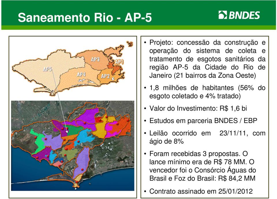 do Investimento: R$ 1,6 bi Estudos em parceria BNDES / EBP Leilão ocorrido em 23/11/11, com ágio de 8% Foram recebidas 3 propostas.