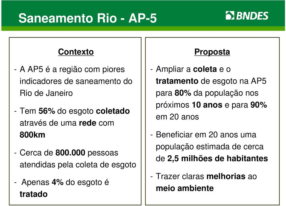 000 pessoas atendidas pela coleta de esgoto - Apenas 4% do esgoto é tratado Proposta - Ampliar a coleta e o tratamento de