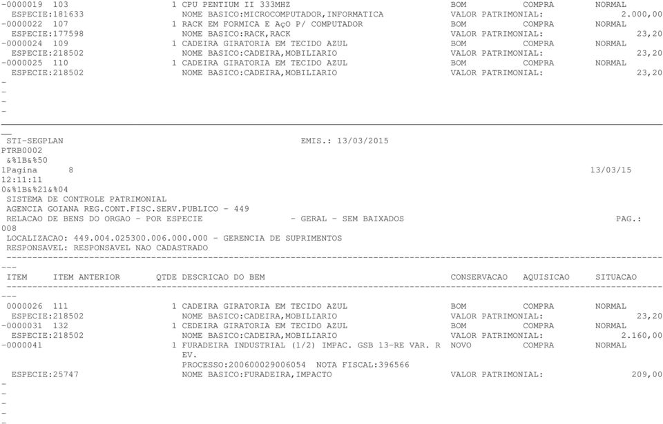 ESPECIE:218502 NOME BASICO:CADEIRA,MOBILIARIO VALOR PATRIMONIAL: 23,20 STISEGPLAN EMIS.: 13/03/2015 1Pagina 8 13/03/15 AGENCIA GOIANA REG.CONT.FISC.SERV.