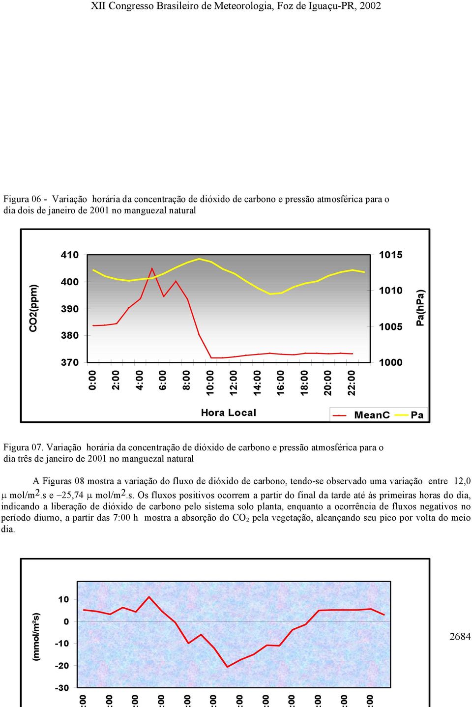 Variação horária da concentração de dióxido de carbono e pressão atmosférica para o dia três de janeiro de 21 no manguezal natural A Figuras 08 mostra a variação do fluxo de dióxido de carbono,