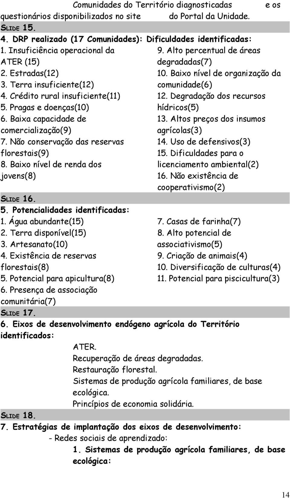 Crédito rural insuficiente(11) 12. Degradação dos recursos 5. Pragas e doenças(10) hídricos(5) 6. Baixa capacidade de 13. Altos preços dos insumos comercialização(9) agrícolas(3) 7.