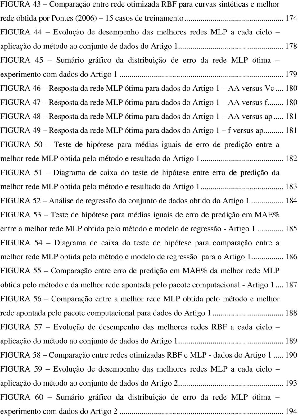 .. 178 FIGURA 45 Sumário gráfico da distribuição de erro da rede MLP ótima experimento com dados do Artigo 1... 179 FIGURA 46 Resposta da rede MLP ótima para dados do Artigo 1 AA versus Vc.