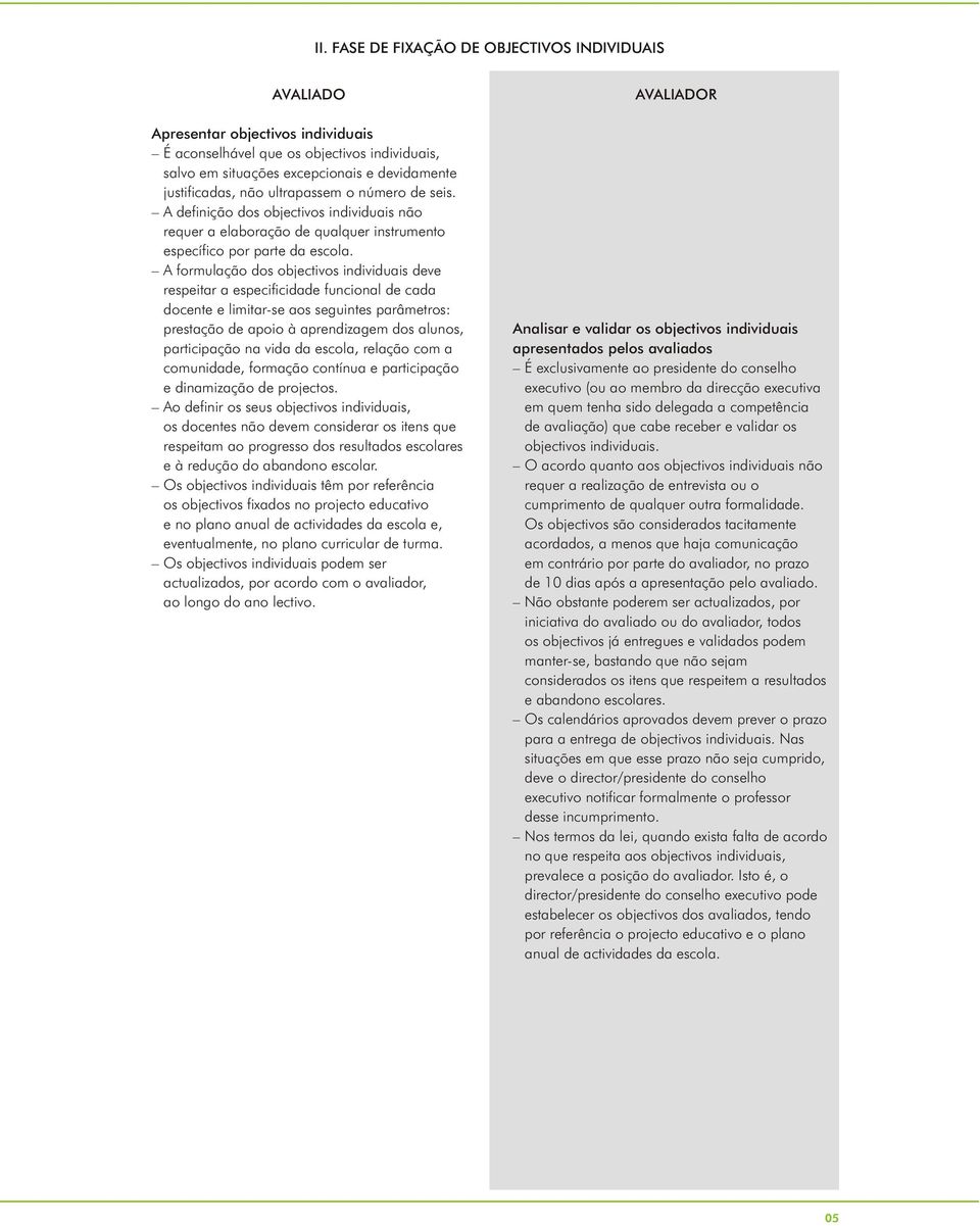 A formulação dos objectivos individuais deve respeitar a especificidade funcional de cada docente e limitar-se aos seguintes parâmetros: prestação de apoio à aprendizagem dos alunos, participação na