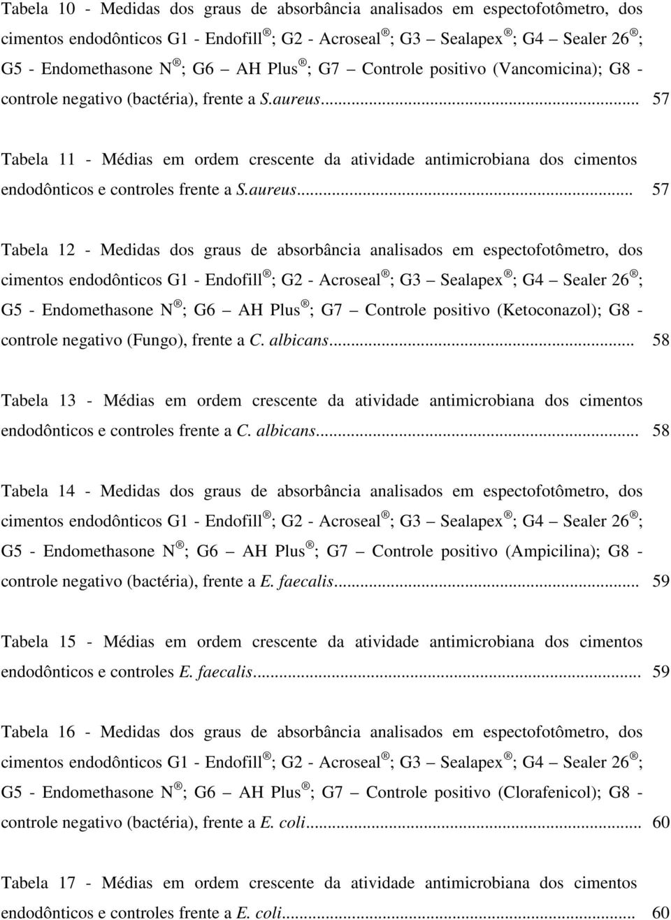 .. 57 Tabela 11 - Médias em ordem crescente da atividade antimicrobiana dos cimentos endodônticos e controles frente a S.aureus.