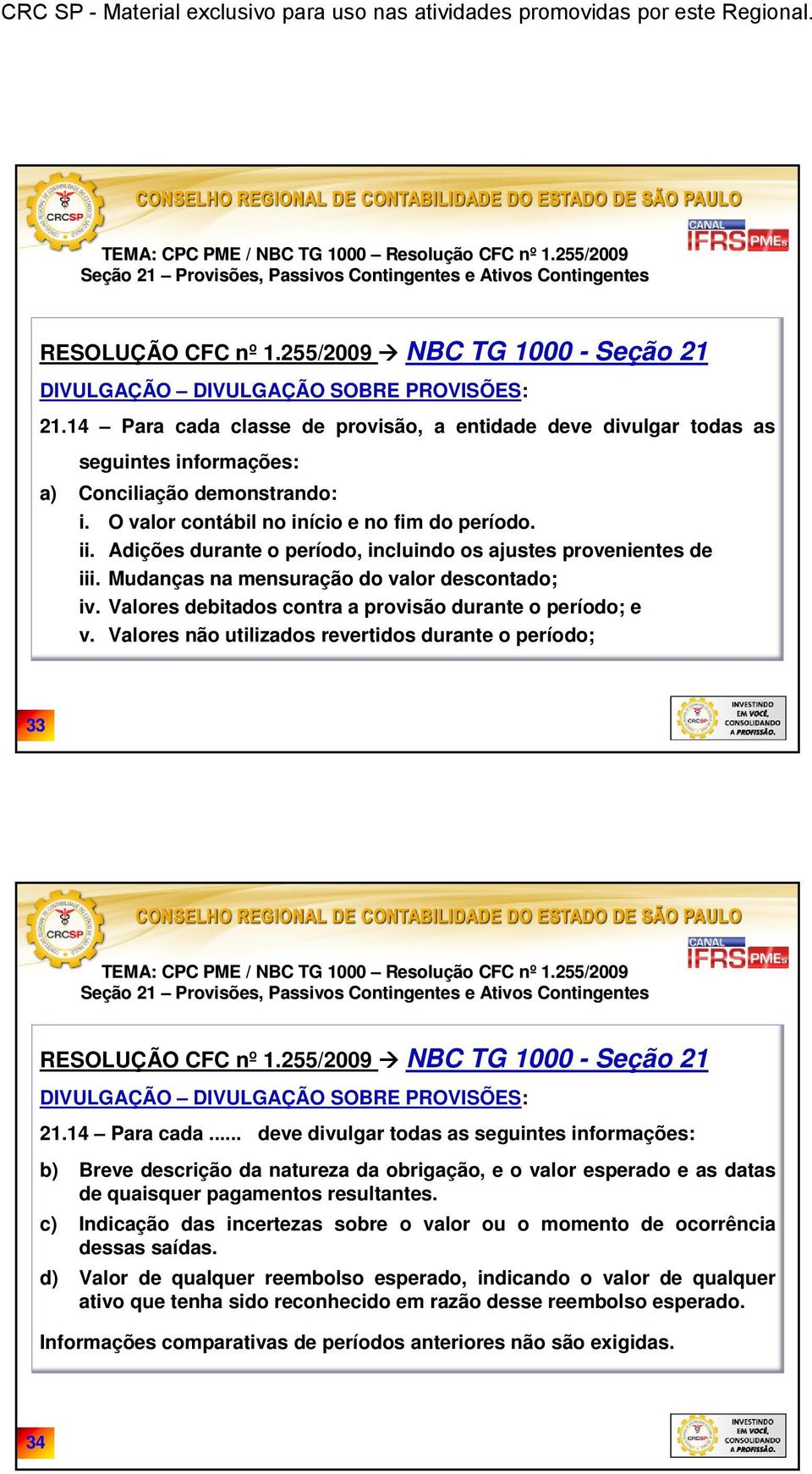 Valores debitados contra a provisão durante o período; e v. Valores não utilizados revertidos durante o período; 33 DIVULGAÇÃO DIVULGAÇÃO SOBRE PROVISÕES: 21.14 Para cada.