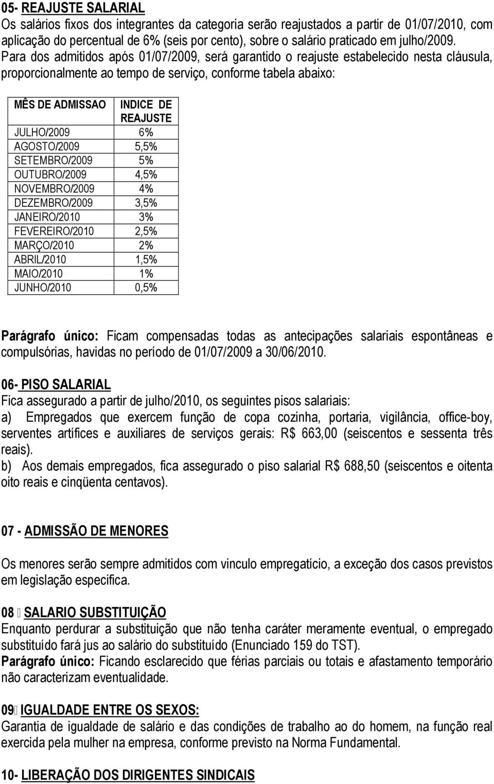 Para dos admitidos após 01/07/2009, será garantido o reajuste estabelecido nesta cláusula, proporcionalmente ao tempo de serviço, conforme tabela abaixo: MÊS DE ADMISSAO INDICE DE REAJUSTE JULHO/2009