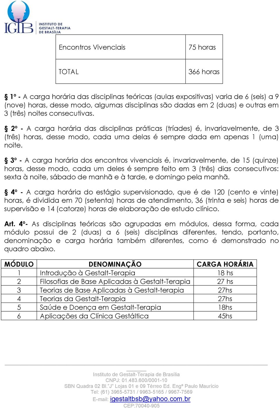 2º - A carga horária das disciplinas práticas (tríades) é, invariavelmente, de 3 (três) horas, desse modo, cada uma delas é sempre dada em apenas 1 (uma) noite.