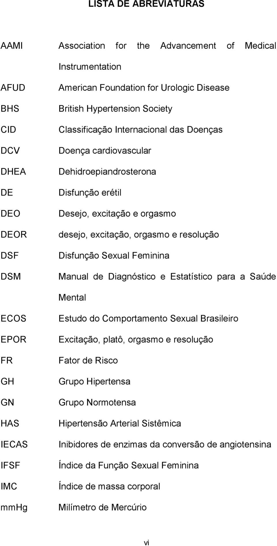Feminina Manual de Diagnóstico e Estatístico para a Saúde Mental ECOS EPOR FR GH GN HAS IECAS IFSF IMC mmhg Estudo do Comportamento Sexual Brasileiro Excitação, platô, orgasmo e resolução Fator de