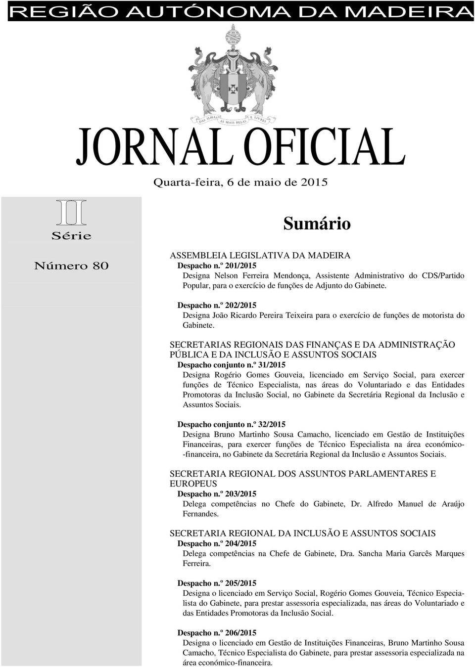 º 202/2015 Designa João Ricardo Pereira Teixeira para o exercício de funções de motorista do Gabinete.