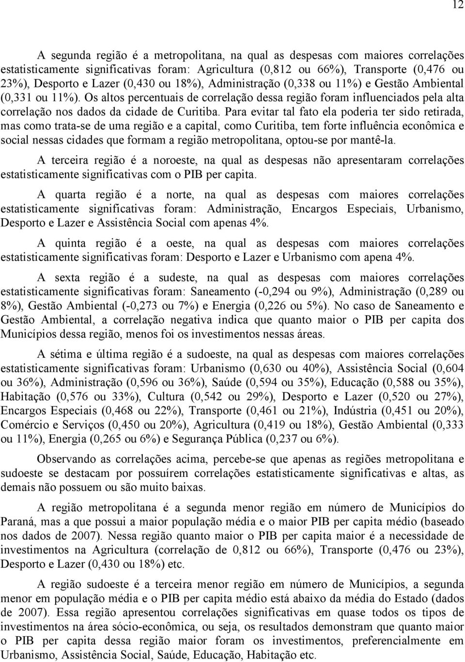 Os altos percentuais de correlação dessa região foram influenciados pela alta correlação nos dados da cidade de Curitiba.